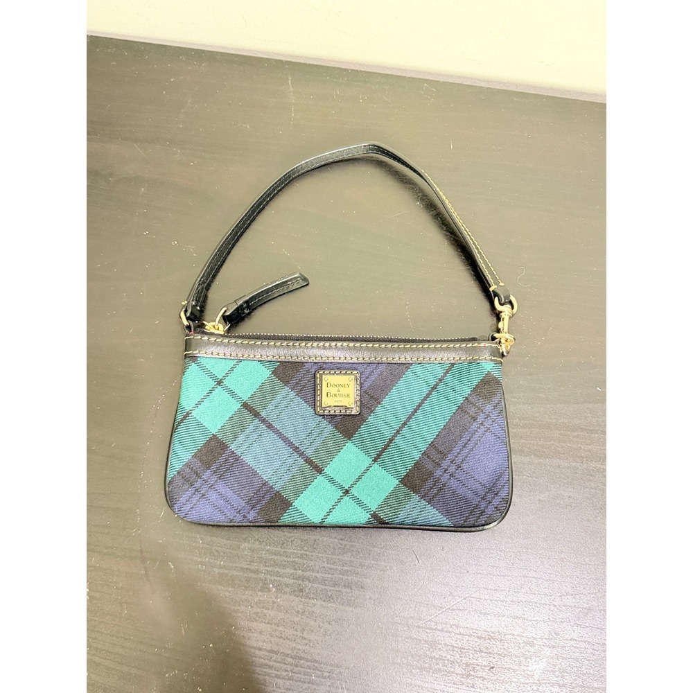 Dooney & Bourke Large Slim Tartan Plaid Wristlet Clutch Wallet Bag Green Navy